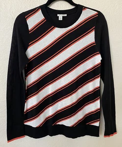 New HALOGEN Cotton Blend Long Sleeve Crewneck Sweater In Black W/stripes Size S - Picture 1 of 4