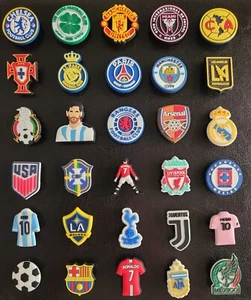 6 x SOCCER FOOTBALL LOGO MESSI RONALDO CROC JIBBITZ SHOE CHARMS PARTY FAVOR - Picture 1 of 1