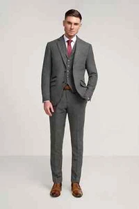Cavani Hombre Gris Espiga Tweed Calce Ajustado Traje Blazer, Chaleco, Pantalones - Imagen 1 de 20