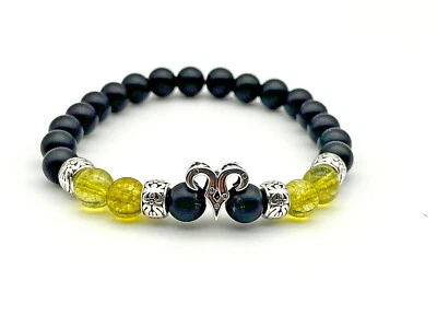 Matte Onyx & Peridot Gemstone, Sterling Silver 8mm Beaded Aries Zodiac Bracelet - Image 1 of 4