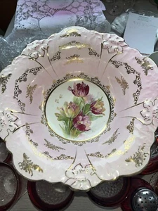 Vintage Onway Pink and Gold Porcelain Filigree Bowl with Scalloped Edge & Tulips - Picture 1 of 14