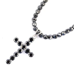5 mm 20" Black Diamond Round Faceted Beads Necklace With Cross Pendant for Gift - Picture 1 of 4
