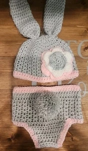 NEW Baby Girl Easter Bunny Rabbit Crochet Hat Diaper Cover Photo Prop Outfit Set - Picture 1 of 2