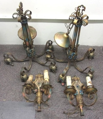 ANTIQUE MATCHING Wrought Iron Chandelier Wall French Sconches, Set of 4 1920s - Image 1 of 4