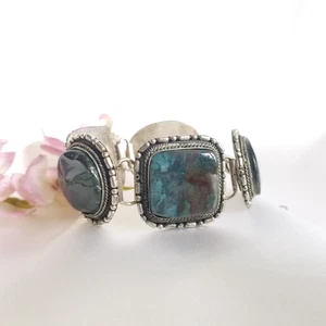 Brazalete grueso vintage de piedras pulidas ágata de 8" - 9,5" tono plata - Imagen 1 de 12