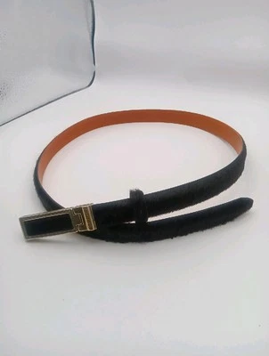 Cinto magro de couro preto BRIGHTON tamanho L. 34 cabelo de pônei preto fivela de prata - Imagem 1 de 4