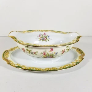 Noritake Ashby China Gravy Boat and Attached Underplate Floral Green Gold Rim - Picture 1 of 7