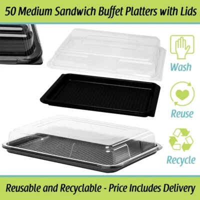 DELISUPPLIES Medium Sandwich Platters Catering Cake Buffet Party Platter 50 x Trays with Lids