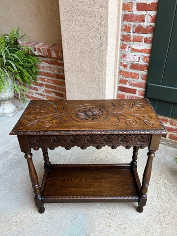 Antique English Hall Sofa Table Petite Carved Oak Library Arts and Crafts style Cover