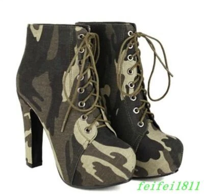 Botas al tobillo para mujer con patrón de camuflaje tacones altos con cordones zapatos de trabajo de motor Foto 1 de 4