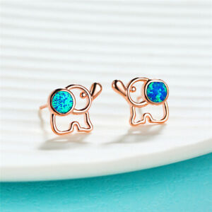 Women's Cute Blue Round Simulated Opal Rose Gold Hollow Elephant Small Stud Earr