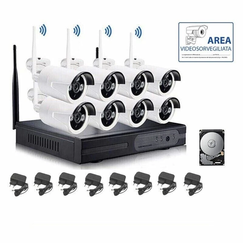 Kit Videosorveglianza Wireless Full WiFi HD IP 8 Telecamere NVR LAN remoto 3g HD