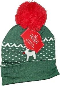 Holiday Time Adult Green Reindeer Knit Pom Beanie - One Size Fits All - Picture 1 of 1
