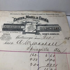 1888 Invoice Carter Magill Ewing Hardware Chattanooga successor to JH Warner Co - Picture 1 of 7