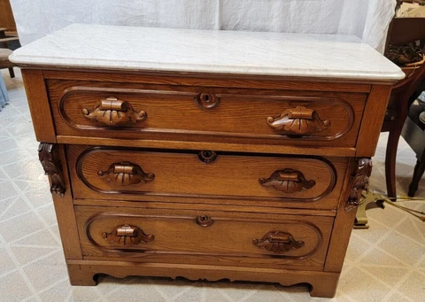 Victorian Marble Top 3 Drawer Dresser with Hand Carved Pulls Cover