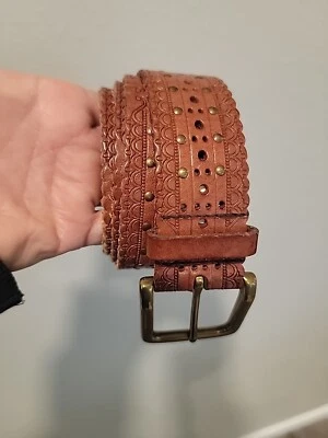 皮革棕色扇贝黄铜串珠金银丝风格腰带 32 英寸全新 WO 标签 — 第 1/3 张图片