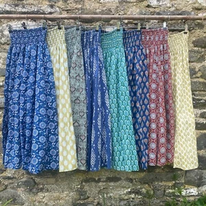 Skirt -100% Block Printed Cotton Full Length Waist Boho Hippy Nomads Wales - Picture 1 of 25