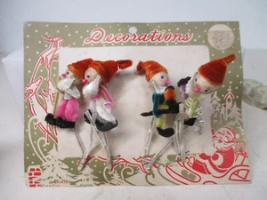 4 Vintage Japan Christmas Pick - Spun Cotton & Chenille Elf on Original Pkg Card - Picture 1 of 3
