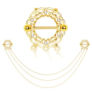 14G 3/4" Barbells Stainless Steel Gold IP Triple Chain Floral Nipple Shield F201 - Picture 1 of 1