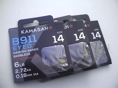 KAMASAN 24 x B911 Augen stachlose Köderband Rigs Haken zu Nylon Größe14. Perfekt für Karpfen.