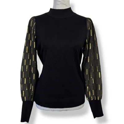 NOVO Suéter Carmen Marc Valvo Preto Dourado Tamanho S Puff Manga Transparente Leve - Imagem 1 de 4