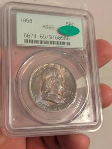 1958 Franklin Half 50c PCGS MS65 Toned Monster Toned Rare Old Holder OGH CAC - Picture 1 of 5