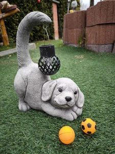 Gartendekoration  Hund mit Solarlaterne 2 Farbtöne Steinguss - Bild 1 von 3