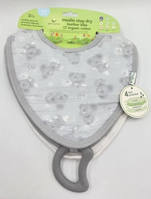 Nuevo paquete de 3 baberos mordedores verdes brotes muselina permanecer secos tonos grises koala Foto 1 de 4