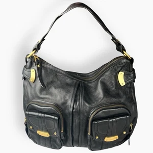 Borsa tote vintage Y2K B. Makowsky morbida pelle nera morbida oversize oro - Foto 1 di 11