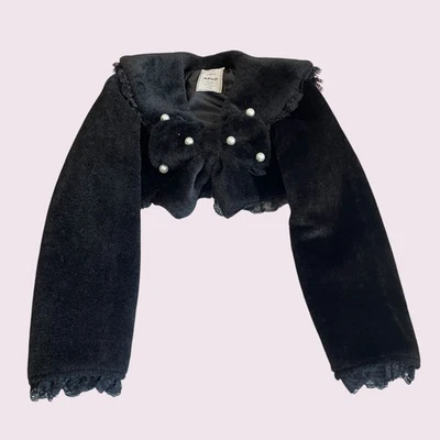 Ank Rouge Black Cropped Bolero – Pearl Bow, Fuzzy Soft Fabric, Gothic Lolita  - Image 1 of 4