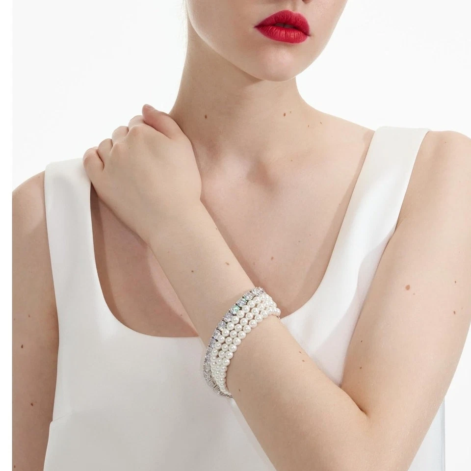 New with Box/Tag Self-Portrait Stacked Pearl Diamante Silver Bracelet - Image 1 of 4