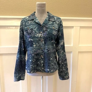 Giacca camicia Chico’s impreziosita Artsy Boxy taglia:2 blu acqua stampa foderata boho - Foto 1 di 15