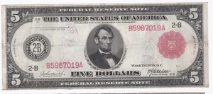 1914 $5 Federal Reserve Note, Fr.833a Red Seal -NY - Picture 1 of 2