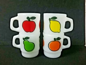 LOTE 4 tazas de café Anchor Hocking Fire King serie FRUIT limón naranja pera manzana - Imagen 1 de 8