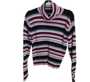 70s Striped Ribbed Turtleneck Cotton Sweater  Size XL - Picture 1 of 5