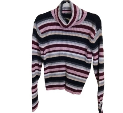 70s Striped Ribbed Turtleneck Cotton Sweater  Size XL - Image 1 of 4