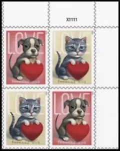 US Love Kitty Puppy Forever Stamp Plate Block of 4 Scott #5745-5746 - Picture 1 of 1