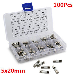 100Pcs 5x20mm Fast Blow 0.2A-15A Auto Car Truck Glass Tube Fuses Assorted Kit