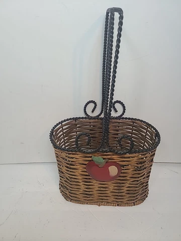 Oval Wicker Basket Featuring Apples & Black Metal Wire Handles Cover