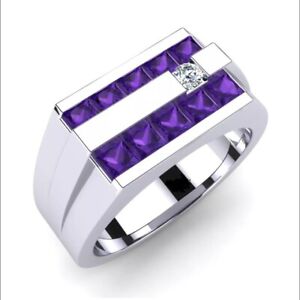 925 solid sterling silver purple amethyst gemstone mens ring white gold finished