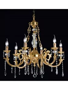 CLASSIC BRASS, CRYSTAL AND GOLD LEAF CHANDELIER - Picture 1 of 2