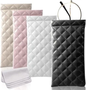 4 Pcs Squeeze Top Sunglass Case with Cleaning Cloth, Soft Leather Eyeglass Ca... - Picture 1 of 7