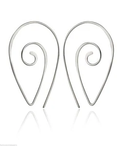 Spiral Teardrop Hoop Earrings - 925 Sterling Silver - Ear Wires Threader - Picture 1 of 3