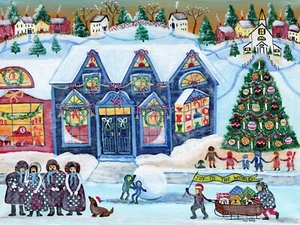 OrIgInAl FoLk ART PaInTiNg ChRiStMaS TrEEs CaRoLeRs BuFFaLo PlAiD SnOw ShOpS DoG - Picture 1 of 9