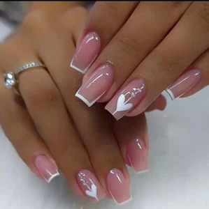 24 Long Coffin White French Tip Valentine Heart Press On False Nails Brand New - Picture 1 of 5