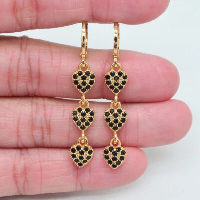 18K Yellow Gold Filled Women Black Topaz Triple Hearts Drop Earrings Jewelry - Image 1 of 4