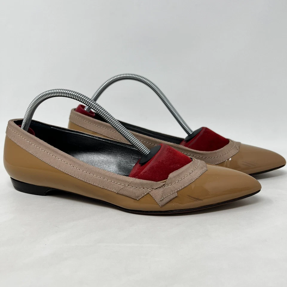 Lanvin Taupe 棕色漆皮尖头平底鞋 意大利 37 美国 6 码 — 第 1/4 张图片