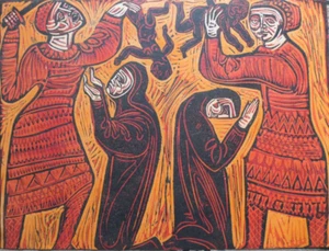 Attb. Cecil Skotnes (1926-2009) Großer farbiger Holzschnitt. Figuren - Bild 1 von 6