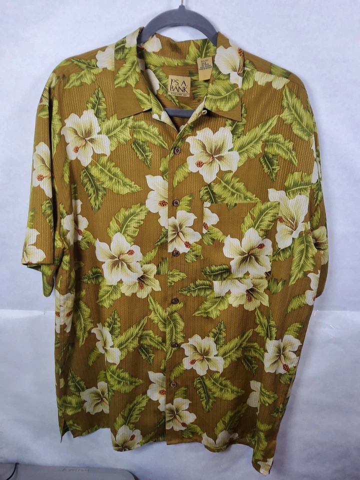 Camisa Hawaiana Jos.A.Bank 100% Seda Marrón/Verde Diseño Floral Talla Grande Corta Foto 1 de 4