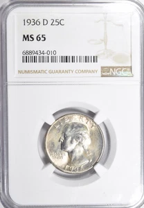 1936-D WASHINGTON QUARTER ~ SHARP STRIKE~ HINT OF GOLD TONE ~ NGC MS65 GEM UNC! - Picture 1 of 2